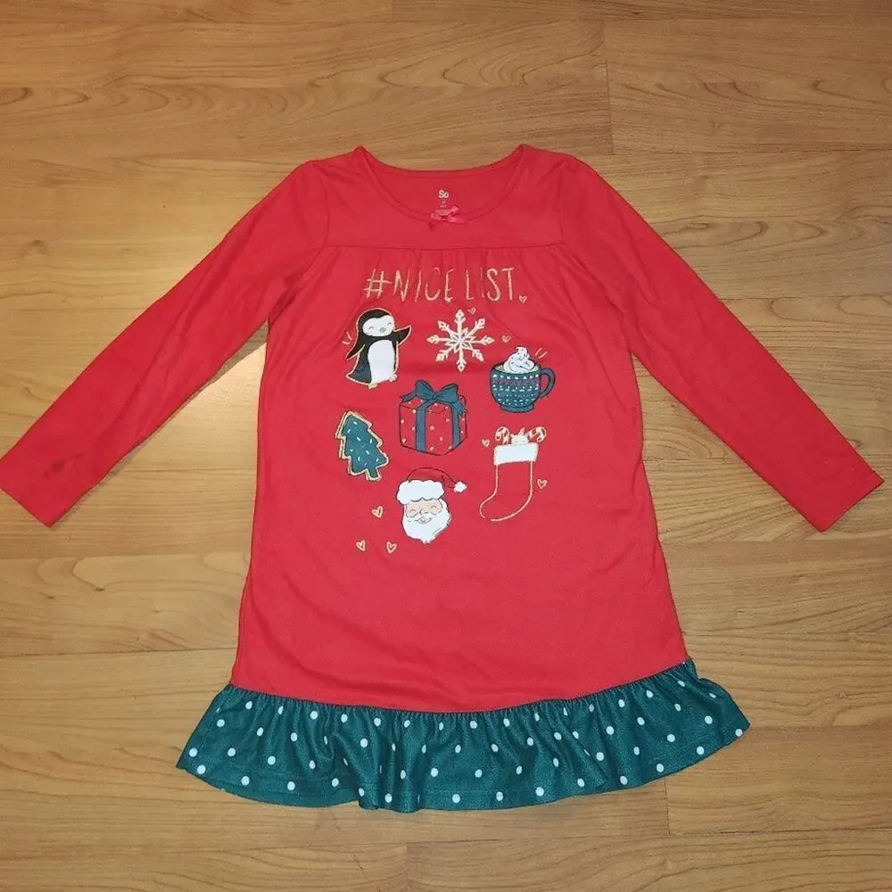 Girls Red Flannel On the Nice List Holiday Nightgown || 12 || EUC